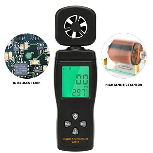 SMART SENSOR Anemómetro AS816 Mini Medidor digital de velocidad del viento 0.3-30m/s 2 en 1 Velocidad del viento Temperatura Probador de flujo de aire Sensor giratorio 180 ° Medidor de viento