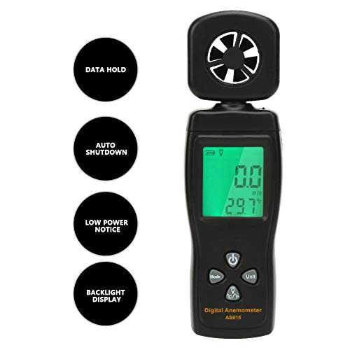SMART SENSOR Anemómetro AS816 Mini Medidor digital de velocidad del viento 0.3-30m/s 2 en 1 Velocidad del viento Temperatura Probador de flujo de aire Sensor giratorio 180 ° Medidor de viento