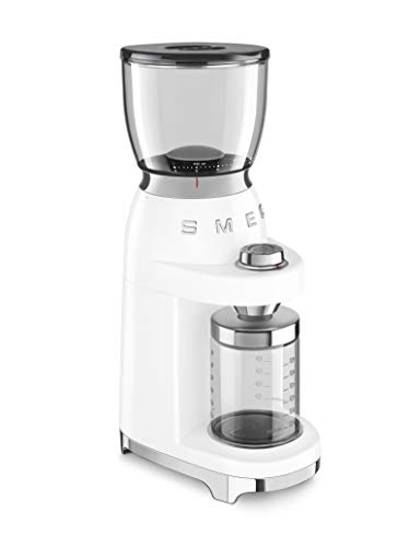 Smeg CGF01WHUK - Molinillo de café, construcción de aluminio, estilo retro de los años 50, 8 ajustes de programa y 3 grados de molienda, color blanco