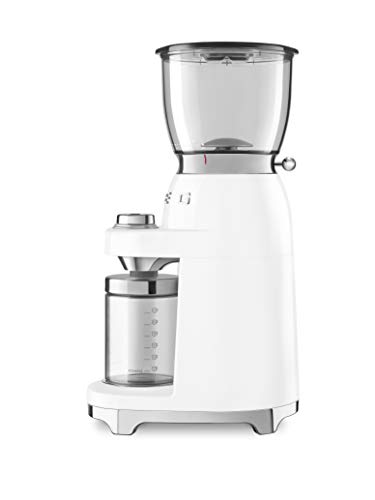 Smeg CGF01WHUK - Molinillo de café, construcción de aluminio, estilo retro de los años 50, 8 ajustes de programa y 3 grados de molienda, color blanco
