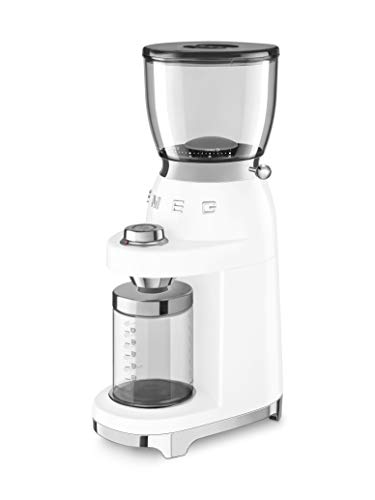 Smeg CGF01WHUK - Molinillo de café, construcción de aluminio, estilo retro de los años 50, 8 ajustes de programa y 3 grados de molienda, color blanco