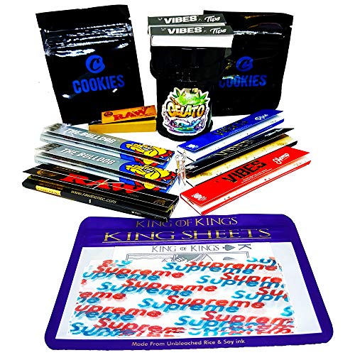 Smokers Rolling caja de cigarrillos Set – Kit de cesta para fumar – 4 piezas molinillo de hierbas, 3 papeles de tamaño King Vibes y 1 punta de cristal + más artículos de regalo crudos