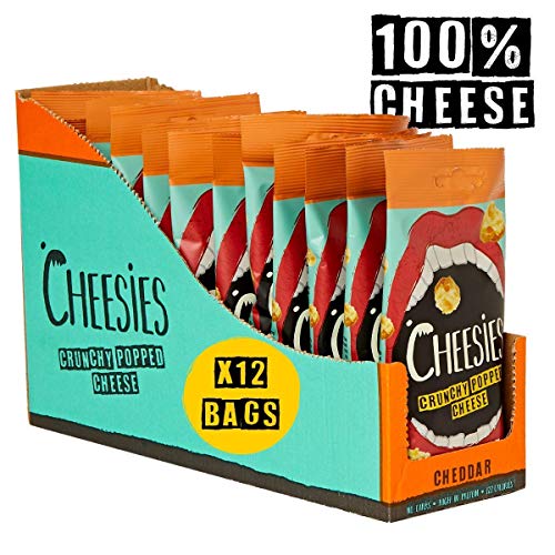 Snack de Queso Crujiente Cheesies, Cheddar. Sin Carbohidratos, Alto en Protínas, Sin Gluten, Vegetariano, Ceto. 12 Bolsas de 20g.