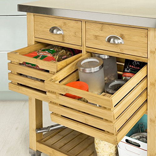 SoBuy Carrito de Cocina con Piso de Acero, Estantería de Cocina, Carrito de Servir de Bambú, FKW40-N, ES