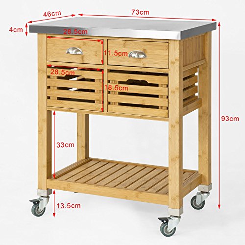 SoBuy Carrito de Cocina con Piso de Acero, Estantería de Cocina, Carrito de Servir de Bambú, FKW40-N, ES