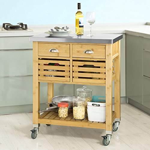 SoBuy Carrito de Cocina con Piso de Acero, Estantería de Cocina, Carrito de Servir de Bambú, FKW40-N, ES
