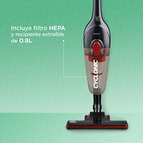 SOGO SS-16120 Aspirador Ciclónico Vertical con Potencia de 600W, Eficiencia Energética A+. Aspirador Escoba y de Mano (2 en 1) Aspiradora con contenedor de 0,8L y Filtro HEPA de Limpieza fácil
