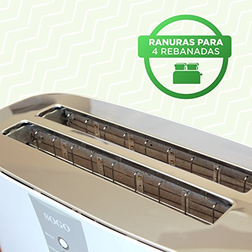 Sogo SS-5450 - Tostadora Deluxe de 4 Rebanadas con 3 Funciones, 7 Niveles de Control de Temperatura, Bandeja de Recogemigas Extraíble, Iluminación LED, Apagado Automático, 1350W, Color: Blanco