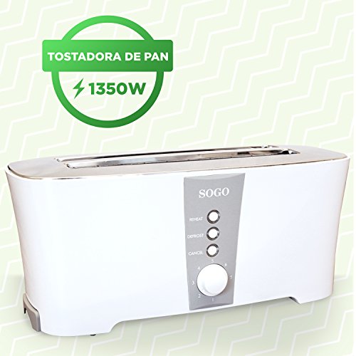 Sogo SS-5450 - Tostadora Deluxe de 4 Rebanadas con 3 Funciones, 7 Niveles de Control de Temperatura, Bandeja de Recogemigas Extraíble, Iluminación LED, Apagado Automático, 1350W, Color: Blanco