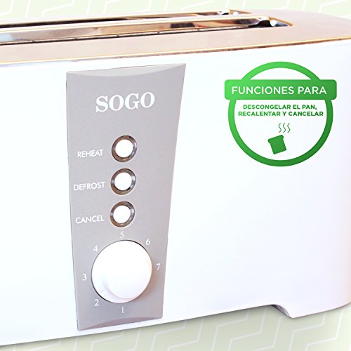 Sogo SS-5450 - Tostadora Deluxe de 4 Rebanadas con 3 Funciones, 7 Niveles de Control de Temperatura, Bandeja de Recogemigas Extraíble, Iluminación LED, Apagado Automático, 1350W, Color: Blanco