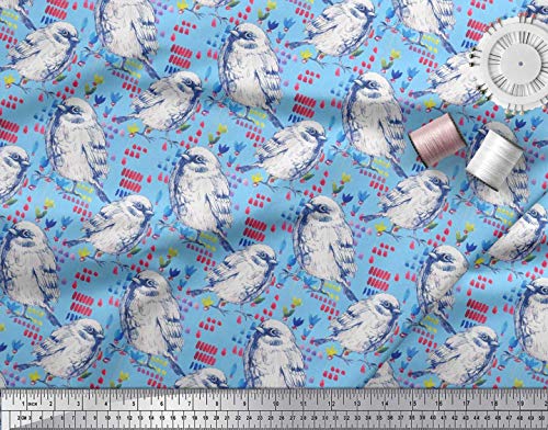 Soimoi Trazo De Pincel De Tela De Seda De Satén Azul, Estampado Floral Y Americano De Robin Bird De Yarda 42 Pulgadas De Ancho