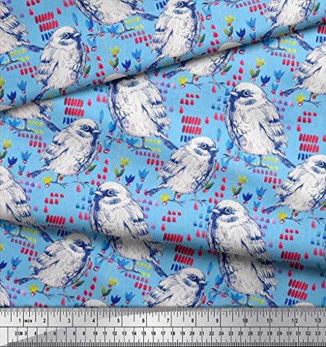 Soimoi Trazo De Pincel De Tela De Seda De Satén Azul, Estampado Floral Y Americano De Robin Bird De Yarda 42 Pulgadas De Ancho