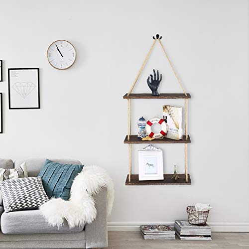 SOLEDI Estante de Pared con Cuerda de cáñamo 3 Niveles Estante de Pared de Madera Estantes de Pared Colgante para la Sala de Estar como estantería de Almacenamiento de Pared Decoraciones de diseño