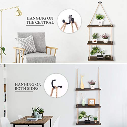 SOLEDI Estante de Pared con Cuerda de cáñamo 3 Niveles Estante de Pared de Madera Estantes de Pared Colgante para la Sala de Estar como estantería de Almacenamiento de Pared Decoraciones de diseño