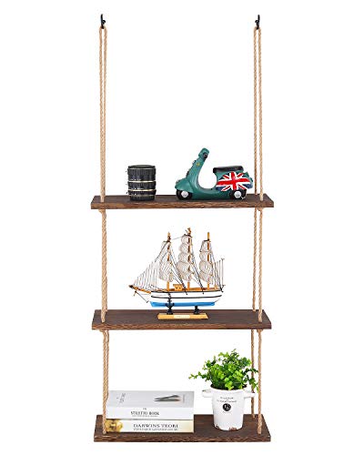 SOLEDI Estante de Pared con Cuerda de cáñamo 3 Niveles Estante de Pared de Madera Estantes de Pared Colgante para la Sala de Estar como estantería de Almacenamiento de Pared Decoraciones de diseño