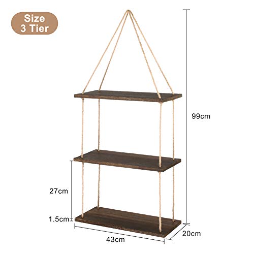 SOLEDI Estante de Pared con Cuerda de cáñamo 3 Niveles Estante de Pared de Madera Estantes de Pared Colgante para la Sala de Estar como estantería de Almacenamiento de Pared Decoraciones de diseño