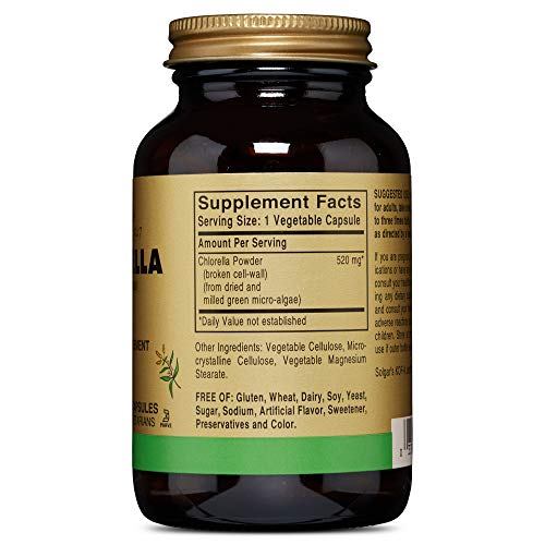 Solgar® Clorella 520 mg, 100 Cápsulas Vegetales. Microalga verde de pared celular rota para una mayor absorción y utilización de sus constituyentes. Apta para veganos