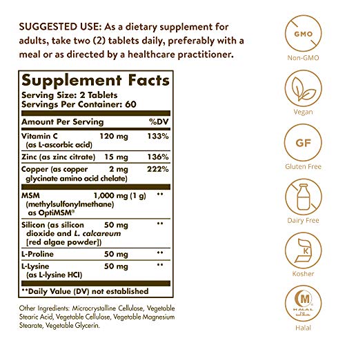 Solgar Comprimidos para Pelo, Piel y Uñas, Vitamina C para la formación de colágeno, Apto para Veganos, 120 Tabletas