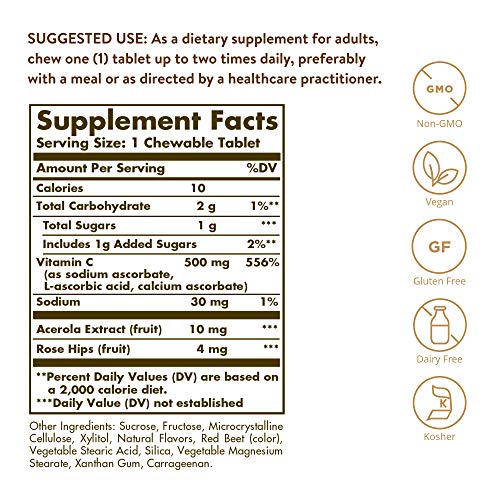 Solgar Vitamina C Masticable 500 mg, Sabor Natural de Frambuesa - 90 Tabletas