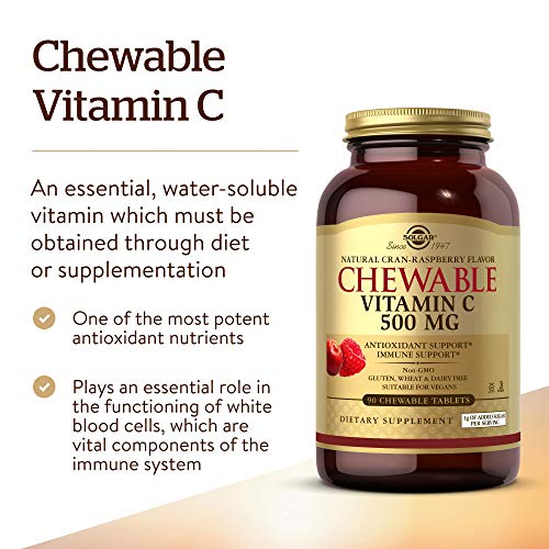 Solgar Vitamina C Masticable 500 mg, Sabor Natural de Frambuesa - 90 Tabletas