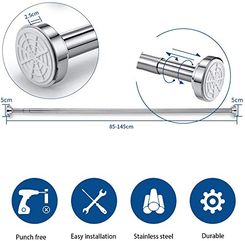 SoMix Barra de Cortina de Ducha, Barra Telescópica Extensible Sin Taladrar en Acero Inoxidable, Sin óxido y Antideslizante, para Baño, Cocina, Armario (85-145CM)