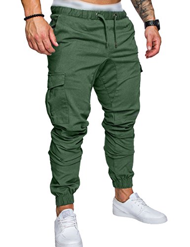 SOMTHRON Pantalones largos de deporte para hombre, de algodón, con cintura elástica y bolsillos verde XL