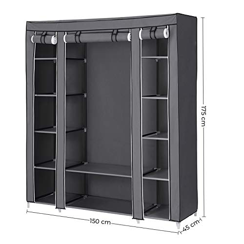 SONGMICS Armario Portátil, Armario Plegable, Organizador de Ropa con Rieles para Colgar, Estantes, Cubierta de Tela, para el Dormitorio 150 x 45 x 175 cm, Gris LSF03G