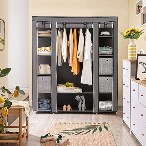 SONGMICS Armario Portátil, Armario Plegable, Organizador de Ropa con Rieles para Colgar, Estantes, Cubierta de Tela, para el Dormitorio 150 x 45 x 175 cm, Gris LSF03G