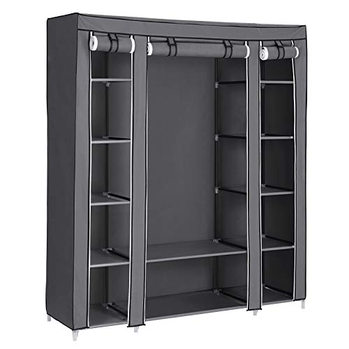SONGMICS Armario Portátil, Armario Plegable, Organizador de Ropa con Rieles para Colgar, Estantes, Cubierta de Tela, para el Dormitorio 150 x 45 x 175 cm, Gris LSF03G