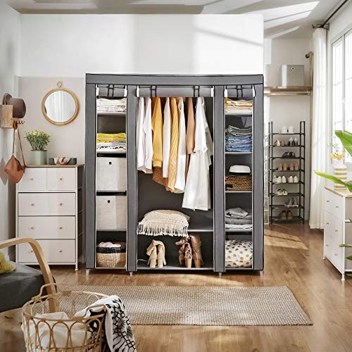 SONGMICS Armario Portátil, Armario Plegable, Organizador de Ropa con Rieles para Colgar, Estantes, Cubierta de Tela, para el Dormitorio 150 x 45 x 175 cm, Gris LSF03G