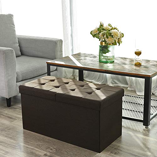 SONGMICS Baúl Puff Taburete para almacenaje Plegable Textil Lino Chocolate 76 x 38 x 38 cm LSF47Q