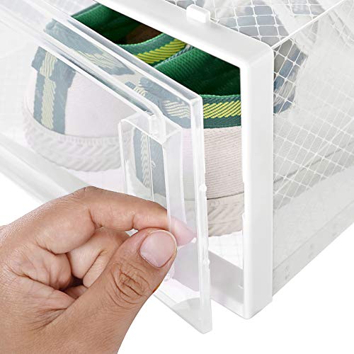 SONGMICS Cajas de Zapatos, Paquete de 18 Organizadores de Almacenamiento, Plegables y Apilables para Zapatillas hasta Talla 42, Transparente y Blanco LSP18SWT