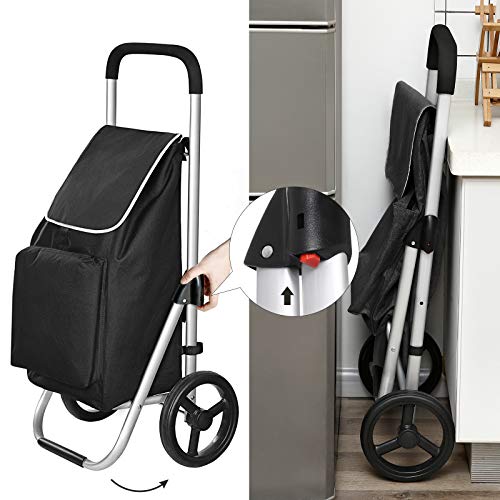 SONGMICS Carrito de Compra Plegable con Ruedas, Carro de la Compra Ligero con Compartimiento de Refrigeración, Gran Capacidad de 40 L, Negro KST04BK