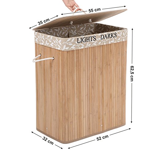 SONGMICS - Cesta de Ropa Sucia de bambú, con Revestimiento de Flores (52 x 32 x 62,5 cm)