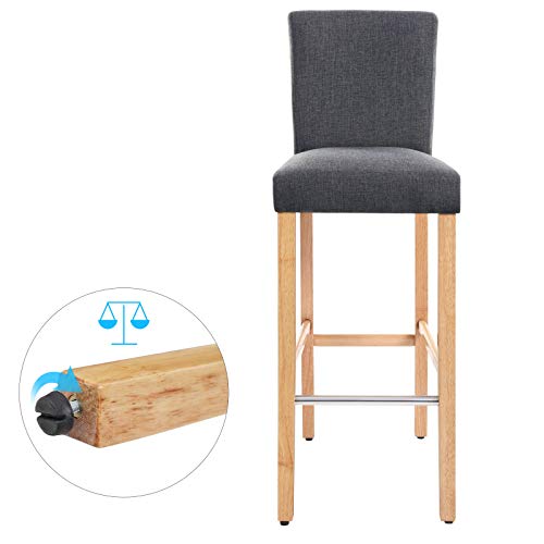 SONGMICS Conjunto de 2 taburetes de bar, Silla acolchada tapizada en tela de lino, Altura del asiento de 76 cm, Patas altas de madera maciza, con Reposapiés y respaldo, Gris oscuro y natural, LDC31GY