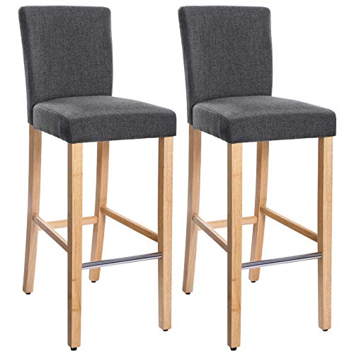 SONGMICS Conjunto de 2 taburetes de bar, Silla acolchada tapizada en tela de lino, Altura del asiento de 76 cm, Patas altas de madera maciza, con Reposapiés y respaldo, Gris oscuro y natural, LDC31GY