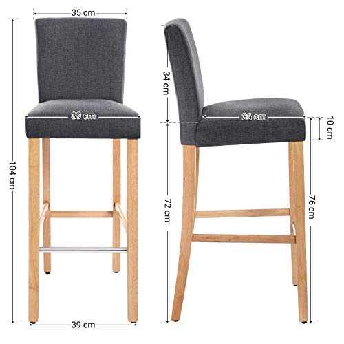 SONGMICS Conjunto de 2 taburetes de bar, Silla acolchada tapizada en tela de lino, Altura del asiento de 76 cm, Patas altas de madera maciza, con Reposapiés y respaldo, Gris oscuro y natural, LDC31GY