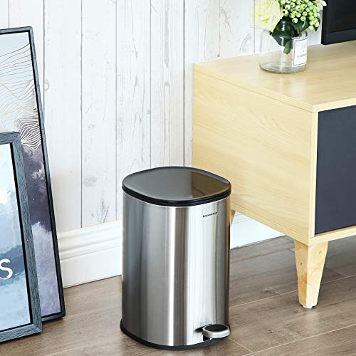 SONGMICS Cubo de Basura, 5L, Cubo de Pedal de Acero, con Cubo Interior y Tapa, Mango, Cierre Suave, Hermético, para Baño, Aseo, Plata LTB14NL