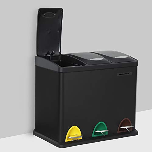 SONGMICS Cubo de Basura, Basurero con Pedal 3 en 1, 24 Litros, Sistema de Separación de Residuos para la Cocina, Duradero, Fácil de limpiar, Acero, Negro LTB24BK