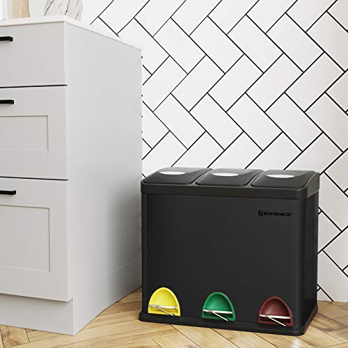 SONGMICS Cubo de Basura, Basurero con Pedal 3 en 1, 24 Litros, Sistema de Separación de Residuos para la Cocina, Duradero, Fácil de limpiar, Acero, Negro LTB24BK