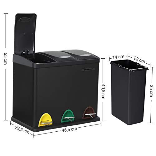 SONGMICS Cubo de Basura, Basurero con Pedal 3 en 1, 24 Litros, Sistema de Separación de Residuos para la Cocina, Duradero, Fácil de limpiar, Acero, Negro LTB24BK