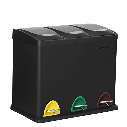 SONGMICS Cubo de Basura, Basurero con Pedal 3 en 1, 24 Litros, Sistema de Separación de Residuos para la Cocina, Duradero, Fácil de limpiar, Acero, Negro LTB24BK