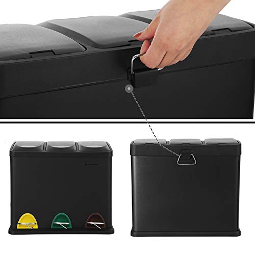 SONGMICS Cubo de Basura, Basurero con Pedal 3 en 1, 24 Litros, Sistema de Separación de Residuos para la Cocina, Duradero, Fácil de limpiar, Acero, Negro LTB24BK