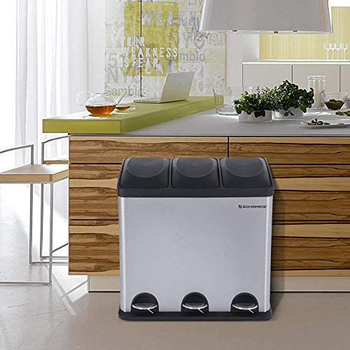 SONGMICS Cubo de Basura de Acero Inoxidable, Basurero Reciclaje, Tres compartimientos con Penal, LTB54L