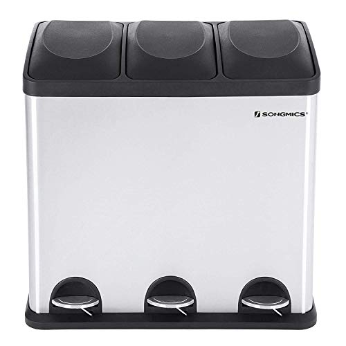 SONGMICS Cubo de Basura de Acero Inoxidable, Basurero Reciclaje, Tres compartimientos con Penal, LTB54L