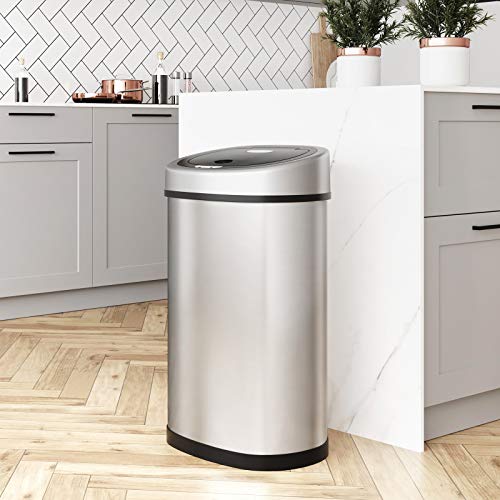 SONGMICS Cubo de busura con Sensor Basurero automático Cubo de Cocina Sensor infrarojo con Anillo de presión Aislar el Olor Acero Inoxidable 50 L Color Plata LTB92NG