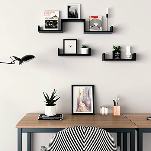 SONGMICS Estante Mural Estantería Colgante en Forma de U Set de 3 estantes flotantes Decoración Creatividad MDF Negro LWS40BK