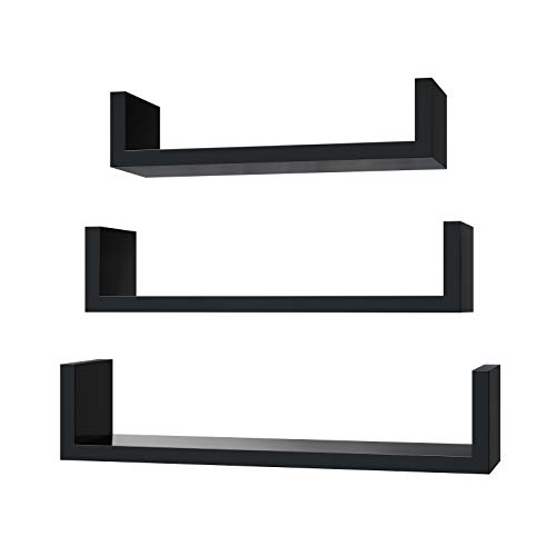 SONGMICS Estante Mural Estantería Colgante en Forma de U Set de 3 estantes flotantes Decoración Creatividad MDF Negro LWS40BK