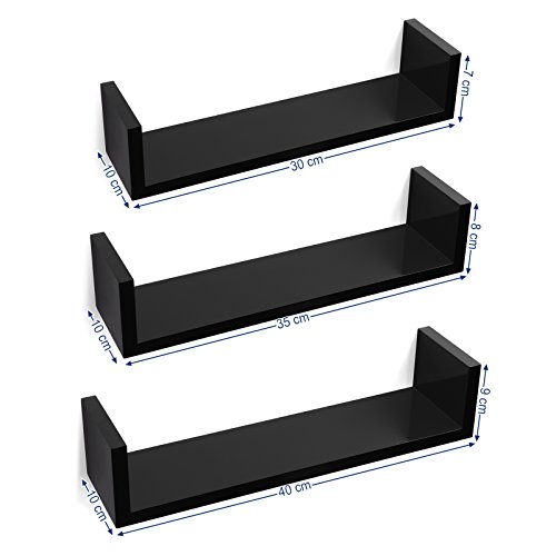 SONGMICS Estante Mural Estantería Colgante en Forma de U Set de 3 estantes flotantes Decoración Creatividad MDF Negro LWS40BK