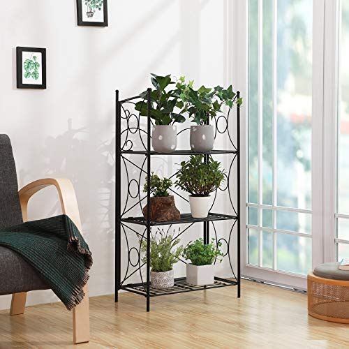 SONGMICS Estantería Decorativa Plegable de Hierro, Soporte para Plantas de Macetas, 3 Niveles, Estilo Retro, Negro GFS102B